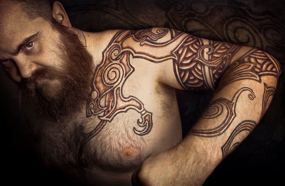 Man Front Shoulder Scandinavian Tattoo