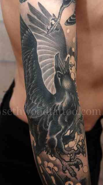 Man Full Sleeve Raven Tattoo