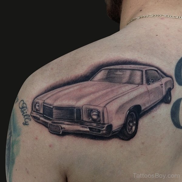 Man Left Back Shoulder Grey Car Tattoo