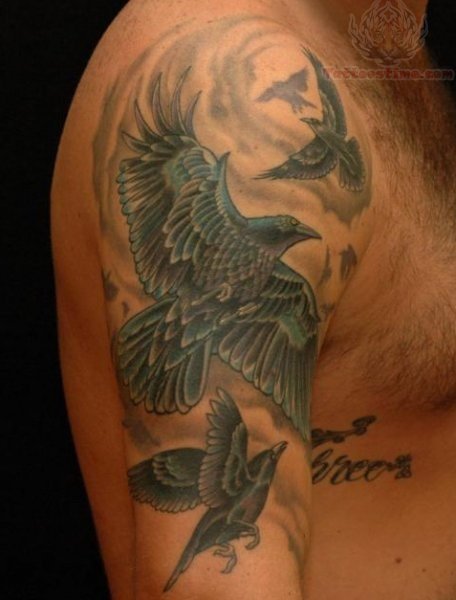 Man Right Half Sleeve Flying Raven Tattoo