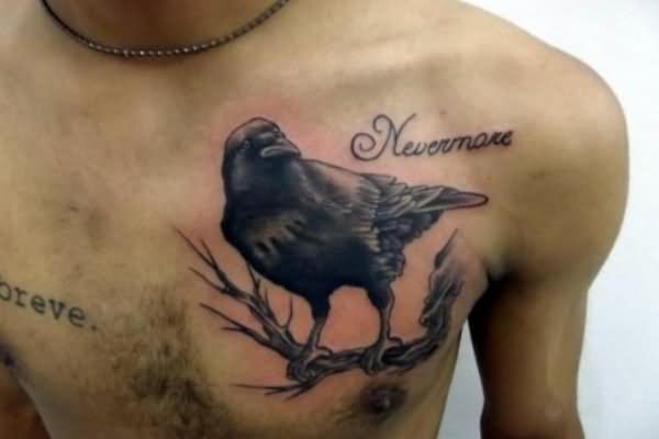Never More Poe Raven Tattoo On Man Chest