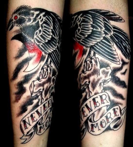 Never More Traditional Raven Tattoo on Forearm