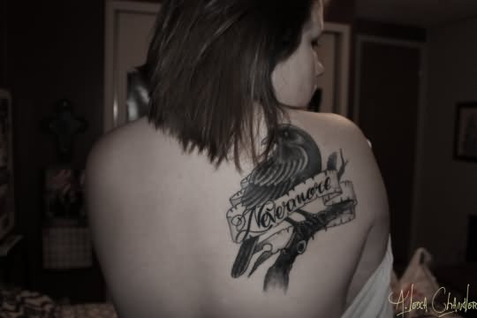 Nevermore Banner And Poe Raven Tattoo On Right Back Shoulder