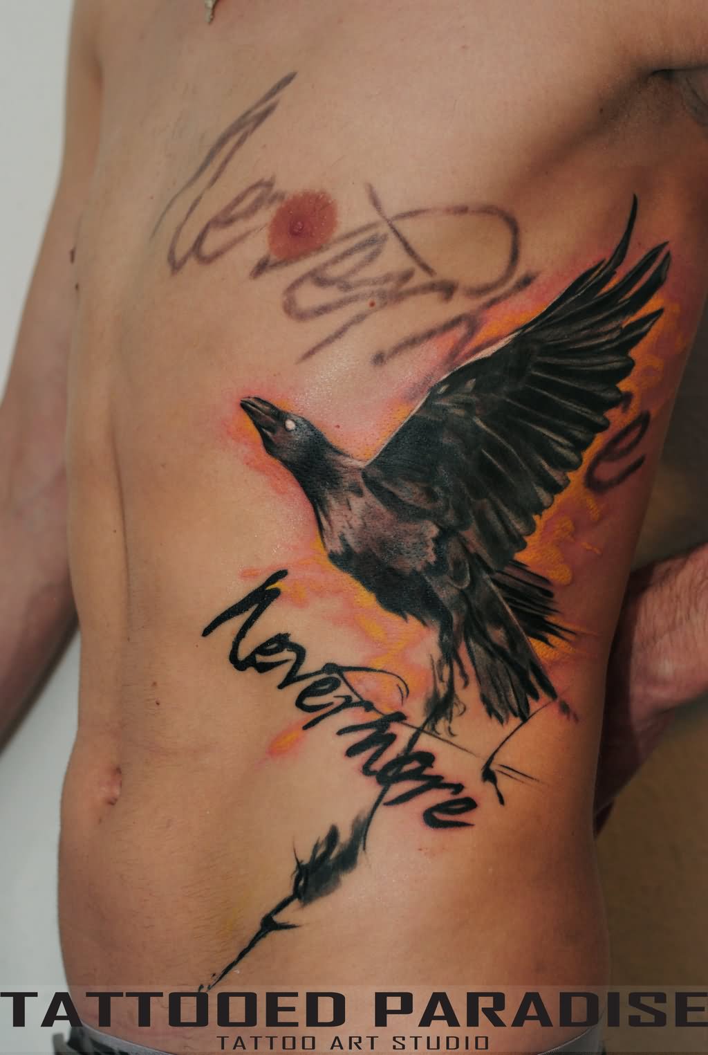 Nevermore Poe Raven Tattoo On Side Rib by Dopeindulgence
