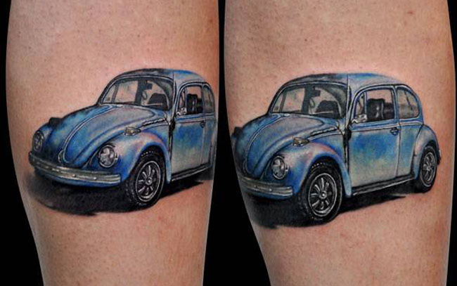 Nice Blue Car Tattoo On Leg