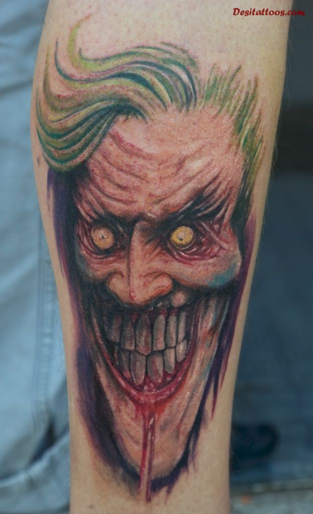 Nice Colored Joker Head Tattoo On Arm