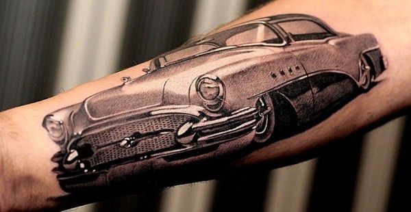 Nice Grey Car Tattoo On Forearm