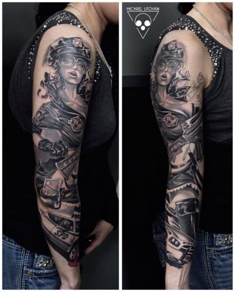 Nice Grey Ink Woman And Car Tattoo on Sleeve by Michael Litovkin