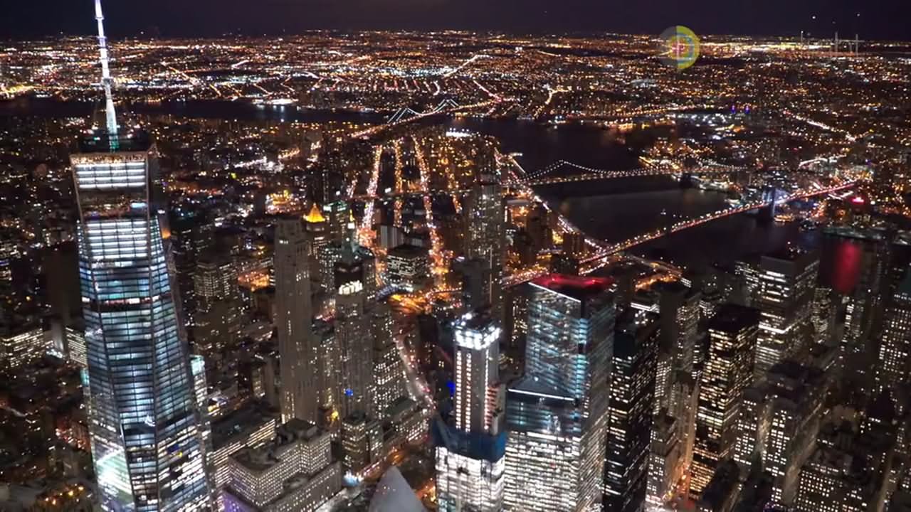 Night Aerial View Of One World Trade Center And Manhattan City