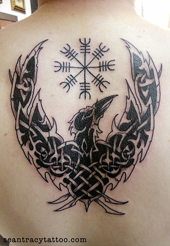 Norse Raven Tattoo On Man Upper Back