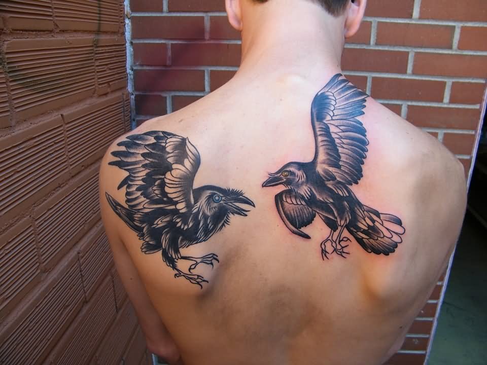 Odin's Raven Tattoo On Back Shoulder And Upper Back