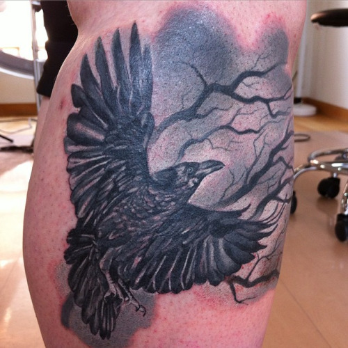 Odin's Raven Tattoo On Leg Calf