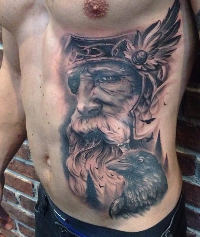 Odin's Raven Viking Tattoo On Side Rib For Men