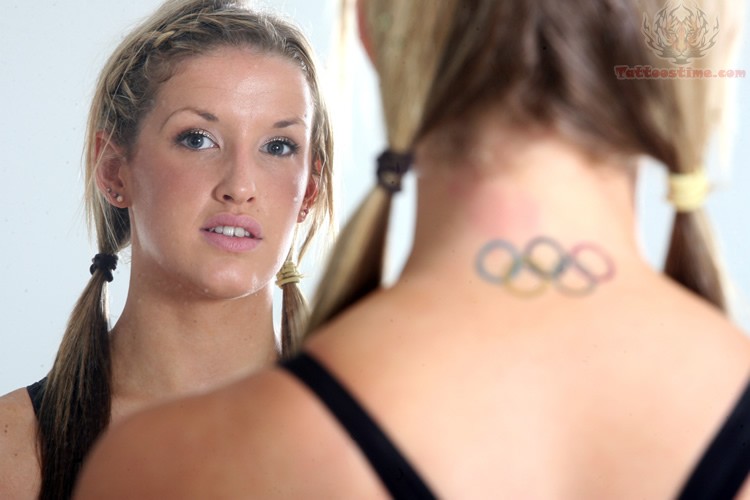 Olympic Symbol Tattoo On Girl Back Neck