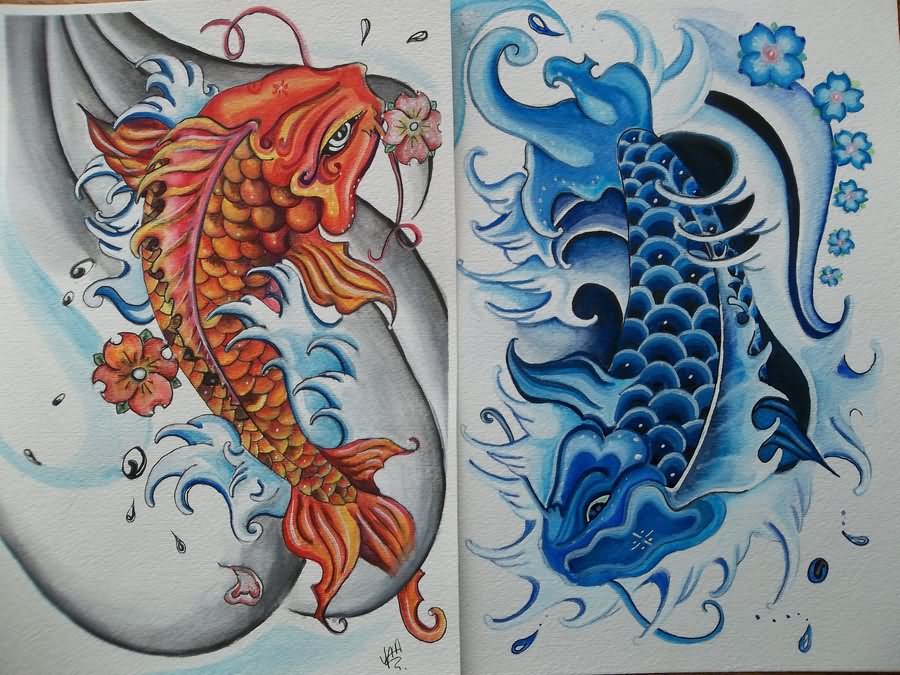 Orange And Blue Ink Yin Yang Fish Tattoo Design