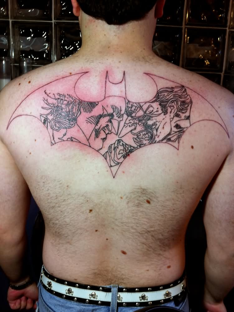 Outline Batman Joker Tattoo On Man Upper Back