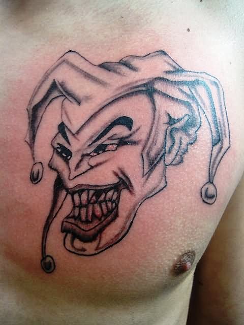 Outline Evil Joker Tattoo On Man Chest