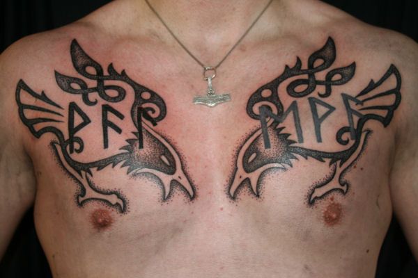 Outline Hugin And Munin Tattoos On Chest