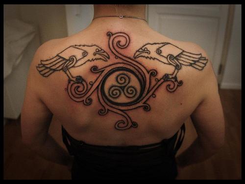 Outline Hugin And Munin Tattoos On Upper Back