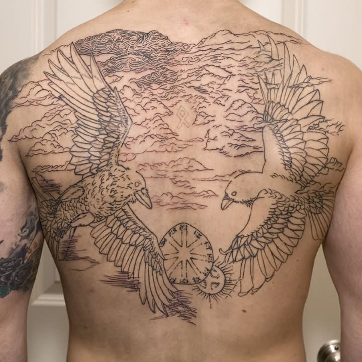 Outline Odin's Ravens Tattoo On Full Back