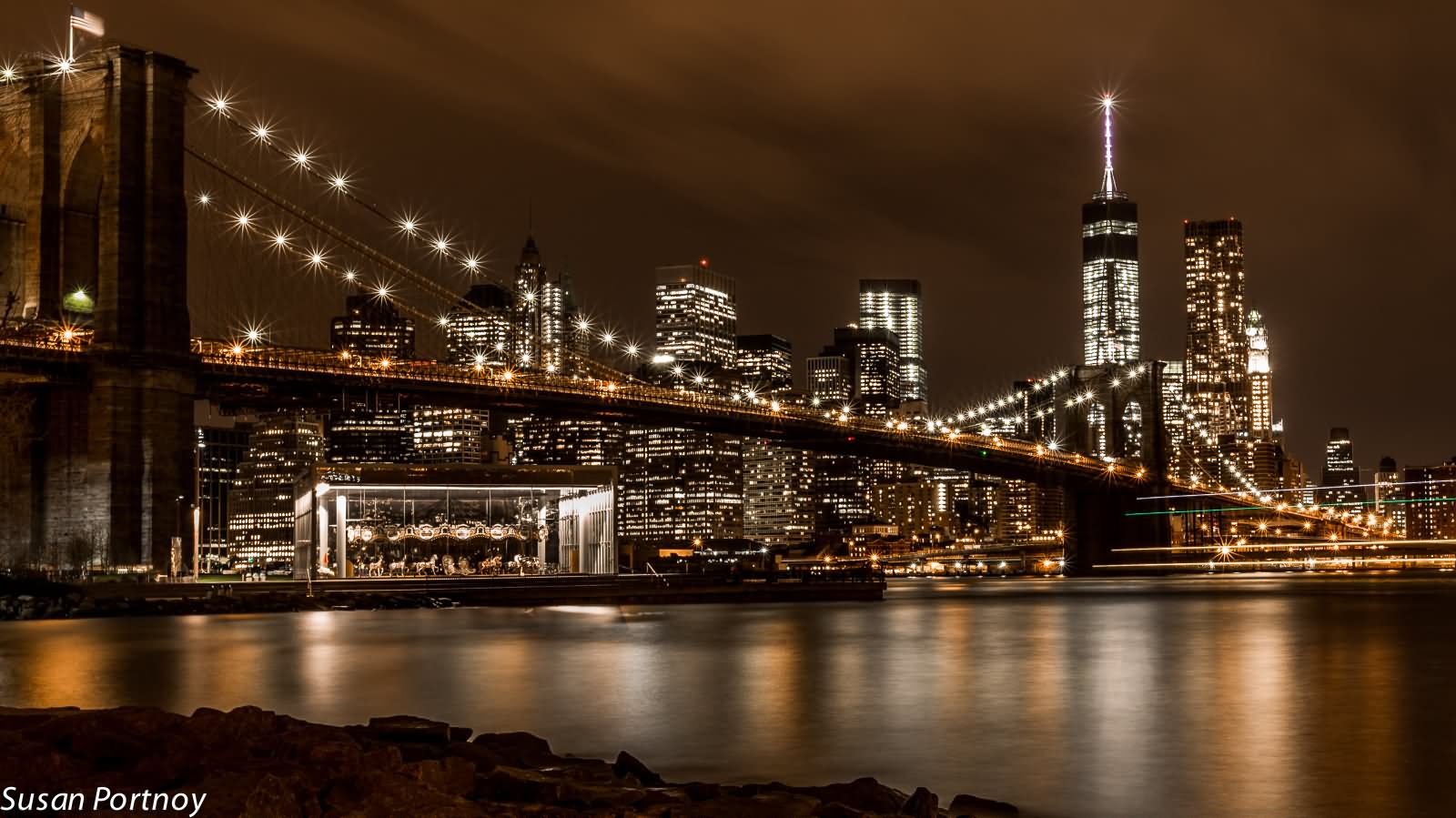 Panorama Night View Of Brooklyn Bridge