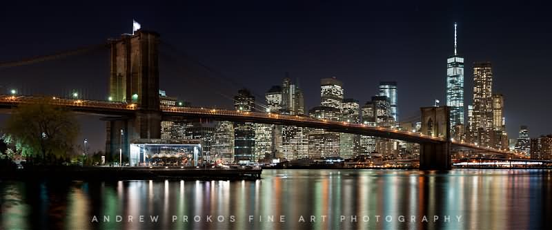 Panoramic Night Scene Of Brooklyn Bridge