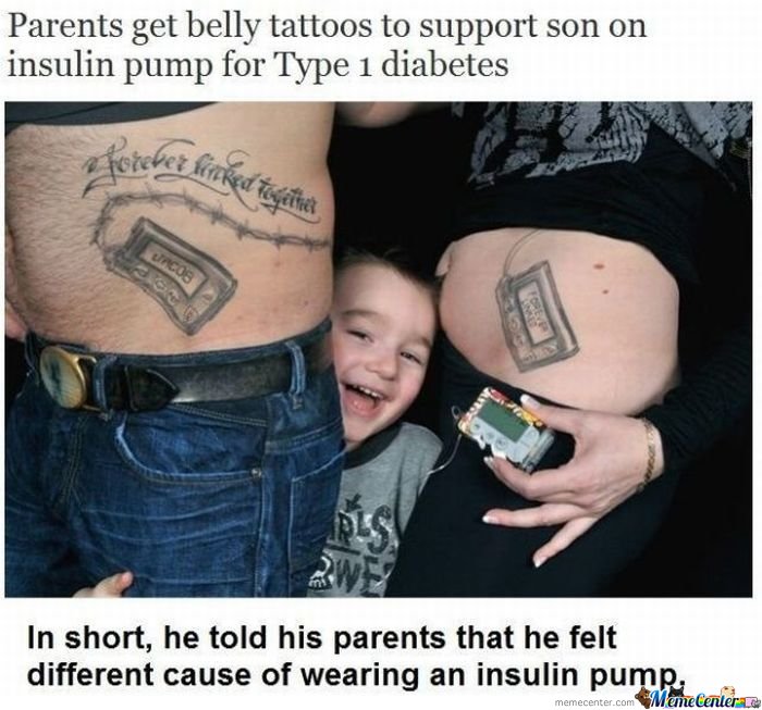 Parents Get Belly Tattoos To Support son On Insulin Pump For Type 1 Diabetes Funny Meme Image