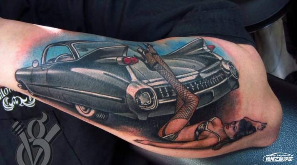 Pin Up Girl And Car Tattoo on Left Arm