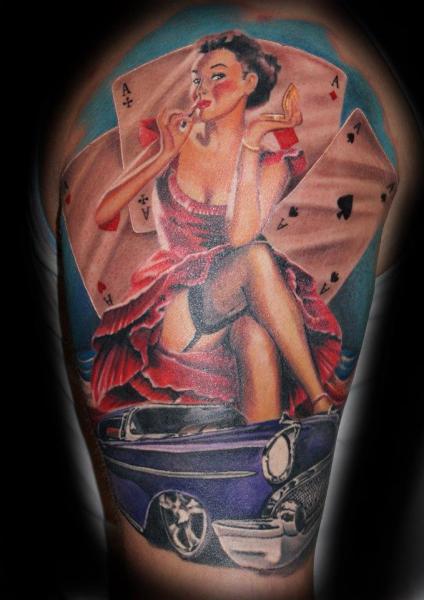 Pin Up Girl Sit On Car Tattoo On Half Sleeve by Mini