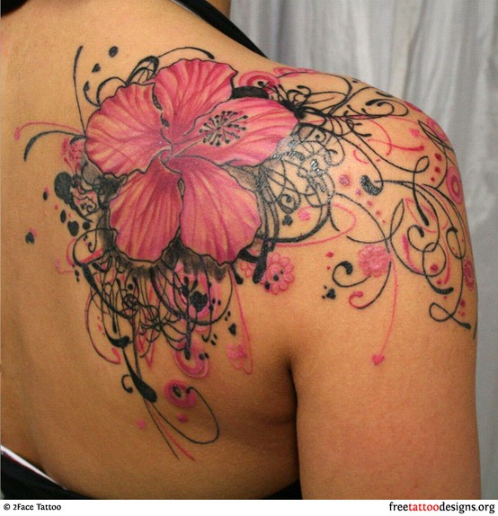 Pink Feminine Flower Tattoo On Right Back Shoulder