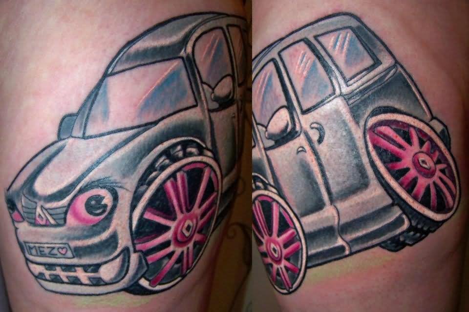 Pink Wheel Car Tattoo On Bicep