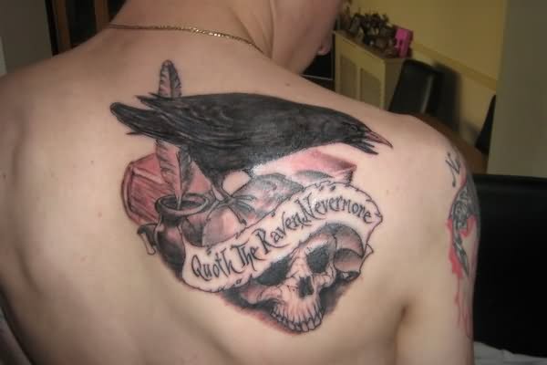 Poe Raven On Skull Tattoo On Man Back Shoulder