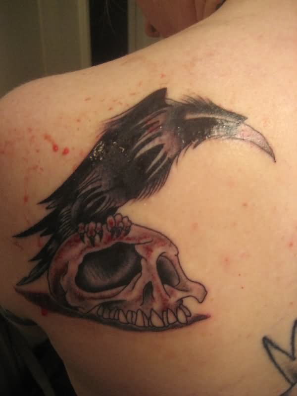 Poe Raven Tattoo On Skull Tattoo On Left Back Shoulder
