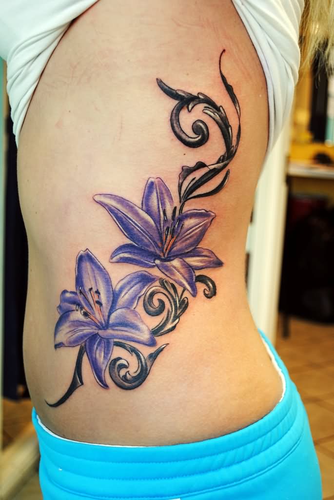Purple Feminine Flower Tattoo Design For Side Rib