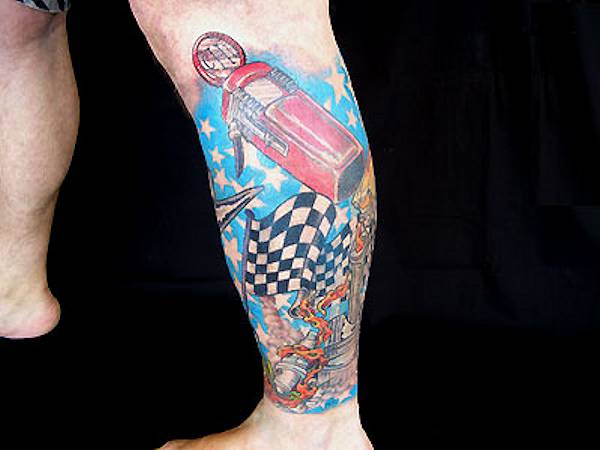 Racing Car Tattoo On Leg