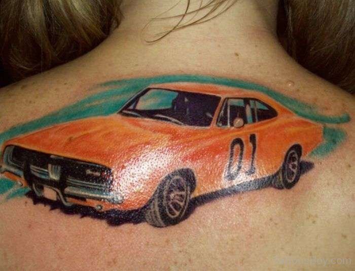 Racing Orange Car Tattoo On Upper Back