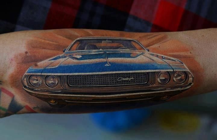 Realistic Blue Car Tattoo On Arm