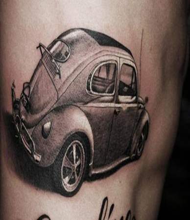 Realistic Grey Ink Car Tattoo On Side Rib