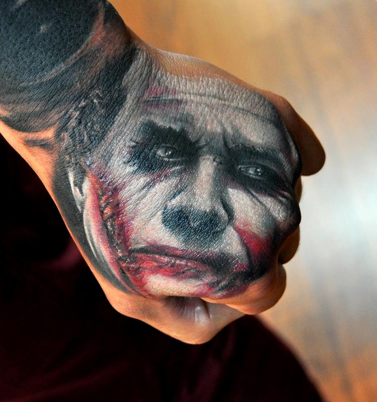 Realistic Joker Tattoo On Hand by Benjamin Laukis