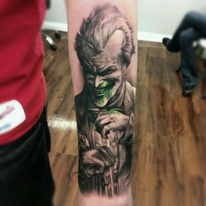 Realistic Joker Tattoo On Left Forearm