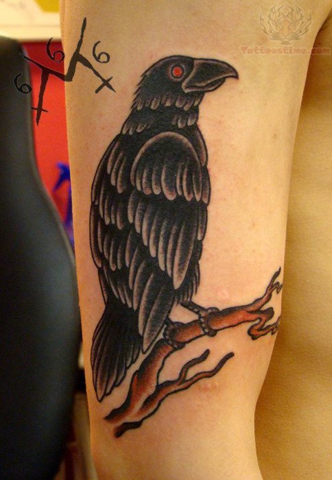 Red Eye Traditional Raven Tattoo On Right Bicep