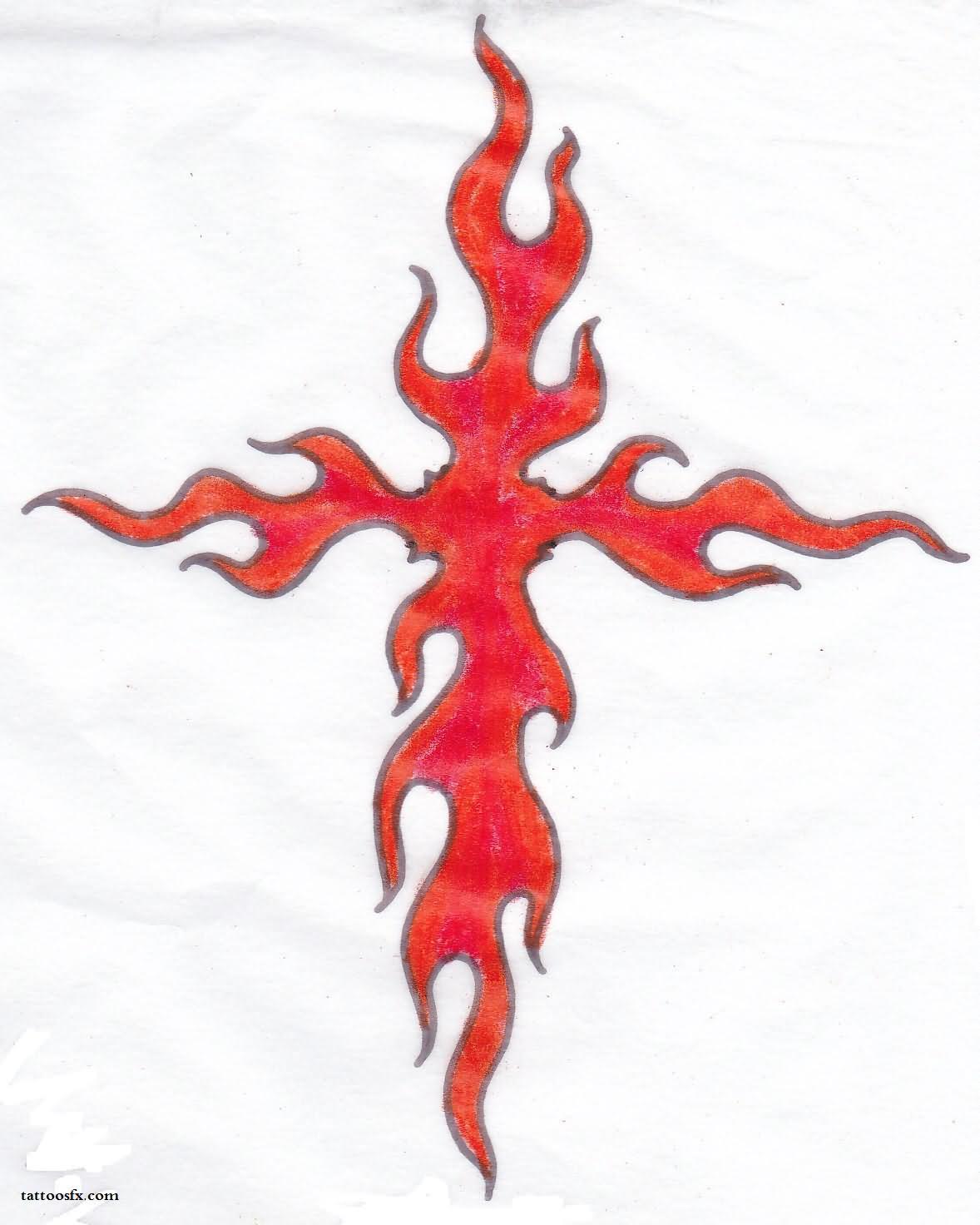 Red Fire And Flame Cross Tattoo Design