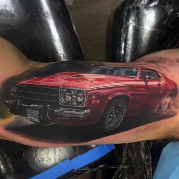 Red Muscle Car Tattoo On Bicep