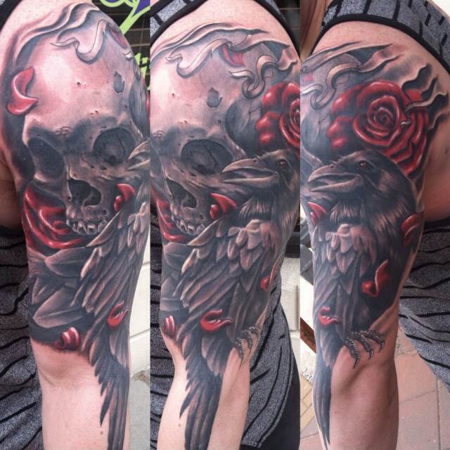 Red Rose And Raven Sleeve Tattoo by Mike Carro
