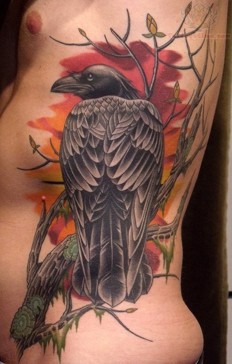Rib Side Traditional Raven Tattoo For Men