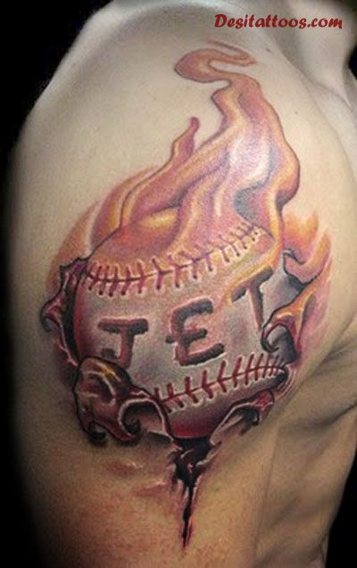 Ripped Skin Ball In Fire And Flame Tattoo Design For Shoulder