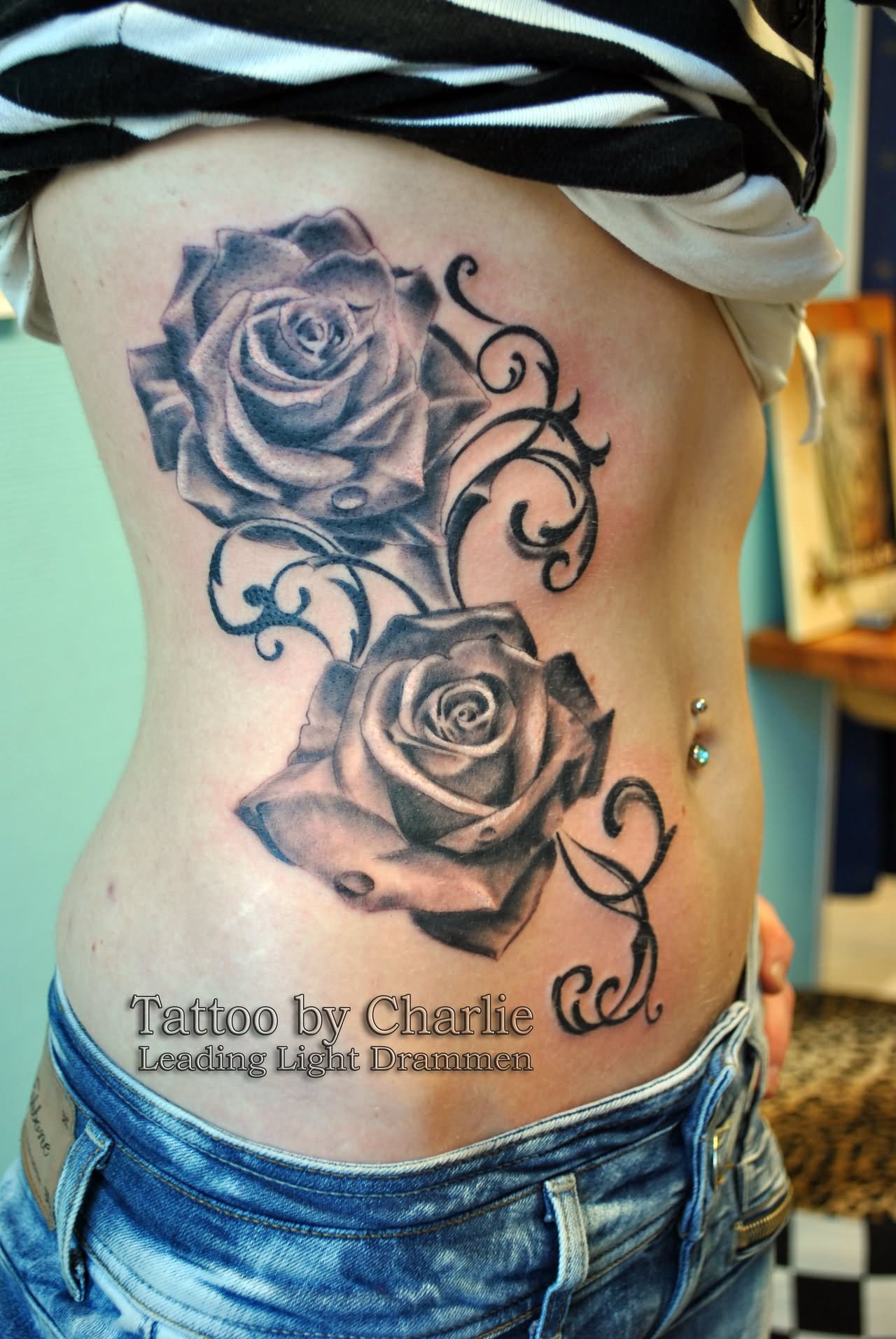 Rose Feminine Tattoo On Girl Side Rib By Charlie