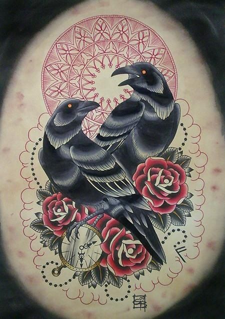 Rose Flowers And Traditional Raven Tattoo Designs