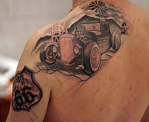 Route 66 Old Car Tattoo On Left Back Shoulder For Men