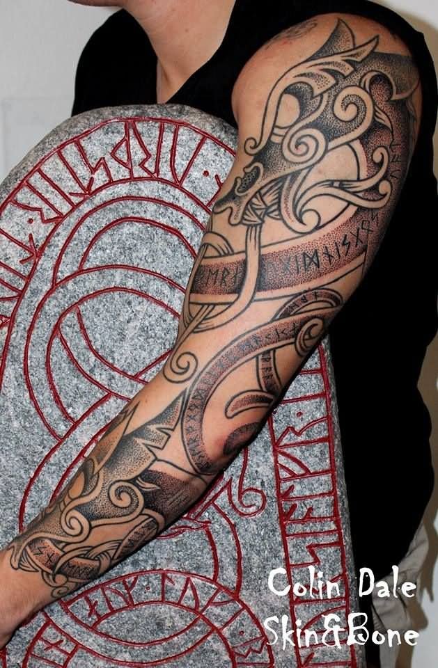 Scandinavian Runes And Patterns Tattoo On Sleeve